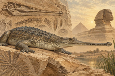 Original editorial illustration of an ancient long-snouted crocodilian with fossil and Egyptian stone motifs; conceptual illustration, not a scientific reconstruction