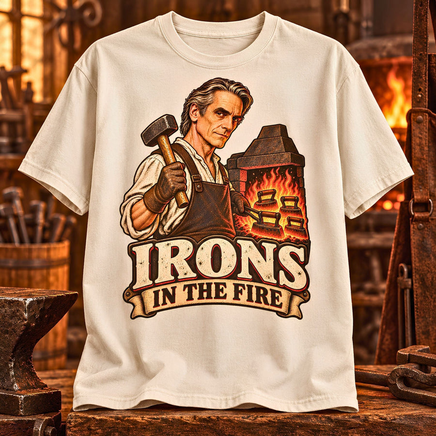 Irons in the Fire blacksmith pun design representing Puns and Wordplay