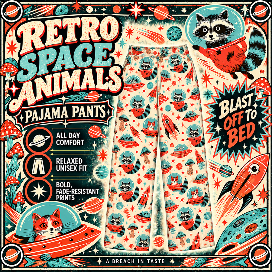 Retro Space Animal pajama pants with astronaut cats and raccoons
