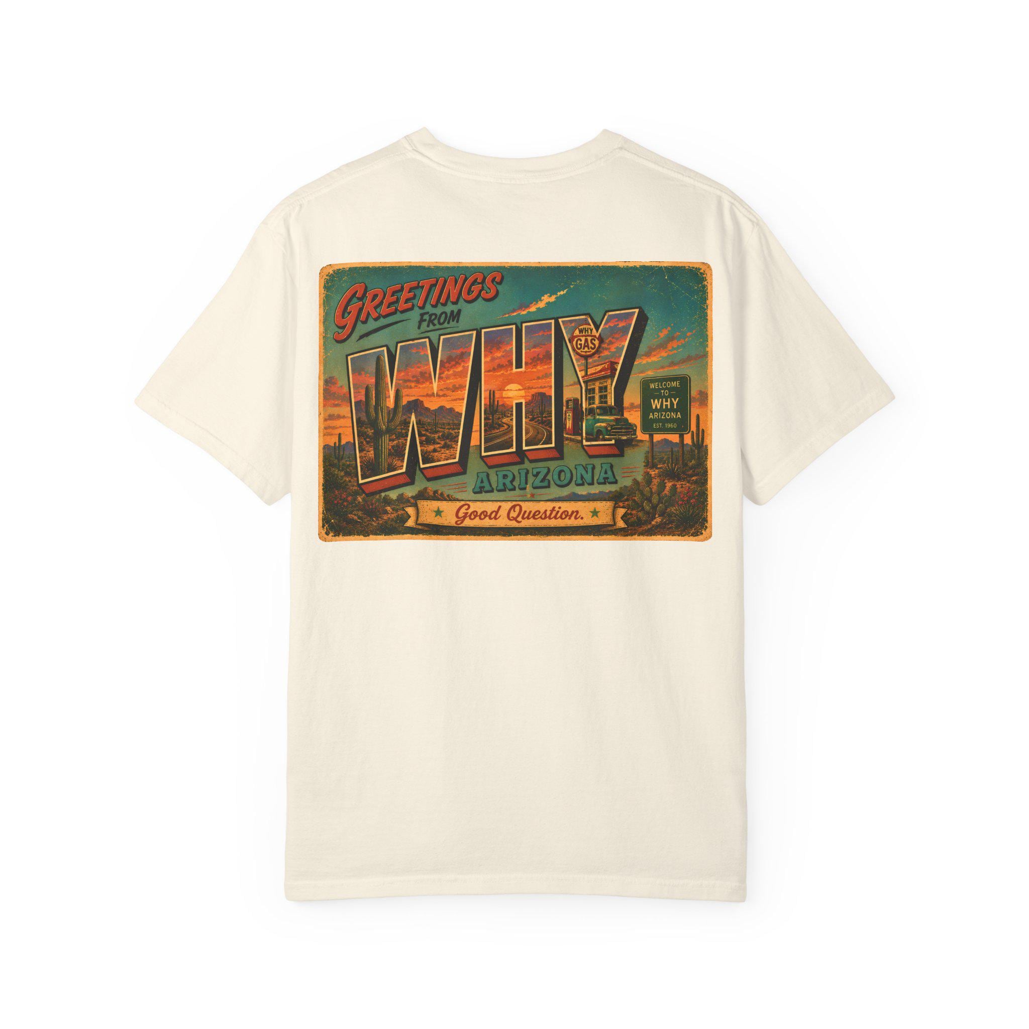 Greetings from WHY Arizona T-shirt | Road Trip Vintage Postcard Design