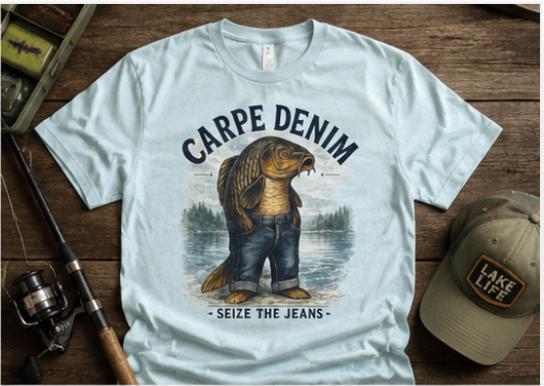 Carpe Denim Fish Graphic Tee, Funny Fishing Pun Shirt, Lake Life Apparel