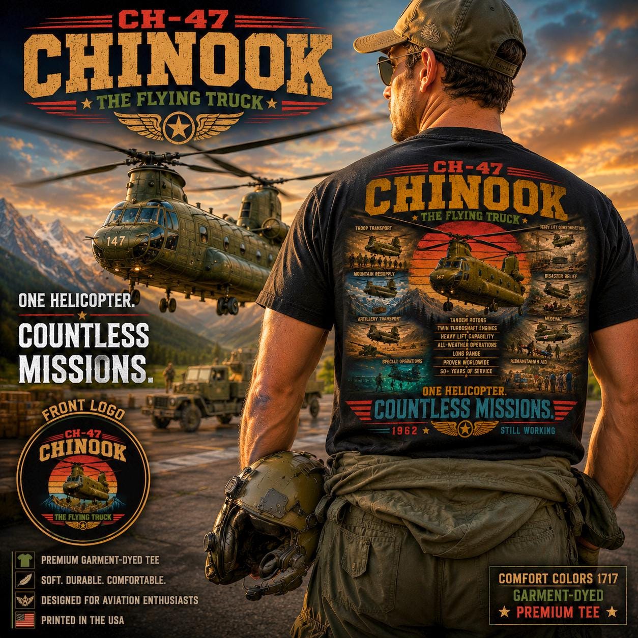 CH-47 Chinook Helicopter T-Shirt | Vintage Flying Truck Aviation Tee