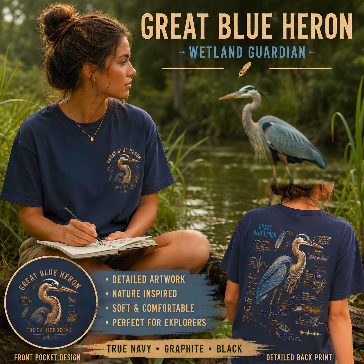 Blue Heron Field Guide T-Shirt | Vintage Nature Illustration, Wetland Bird Apparel