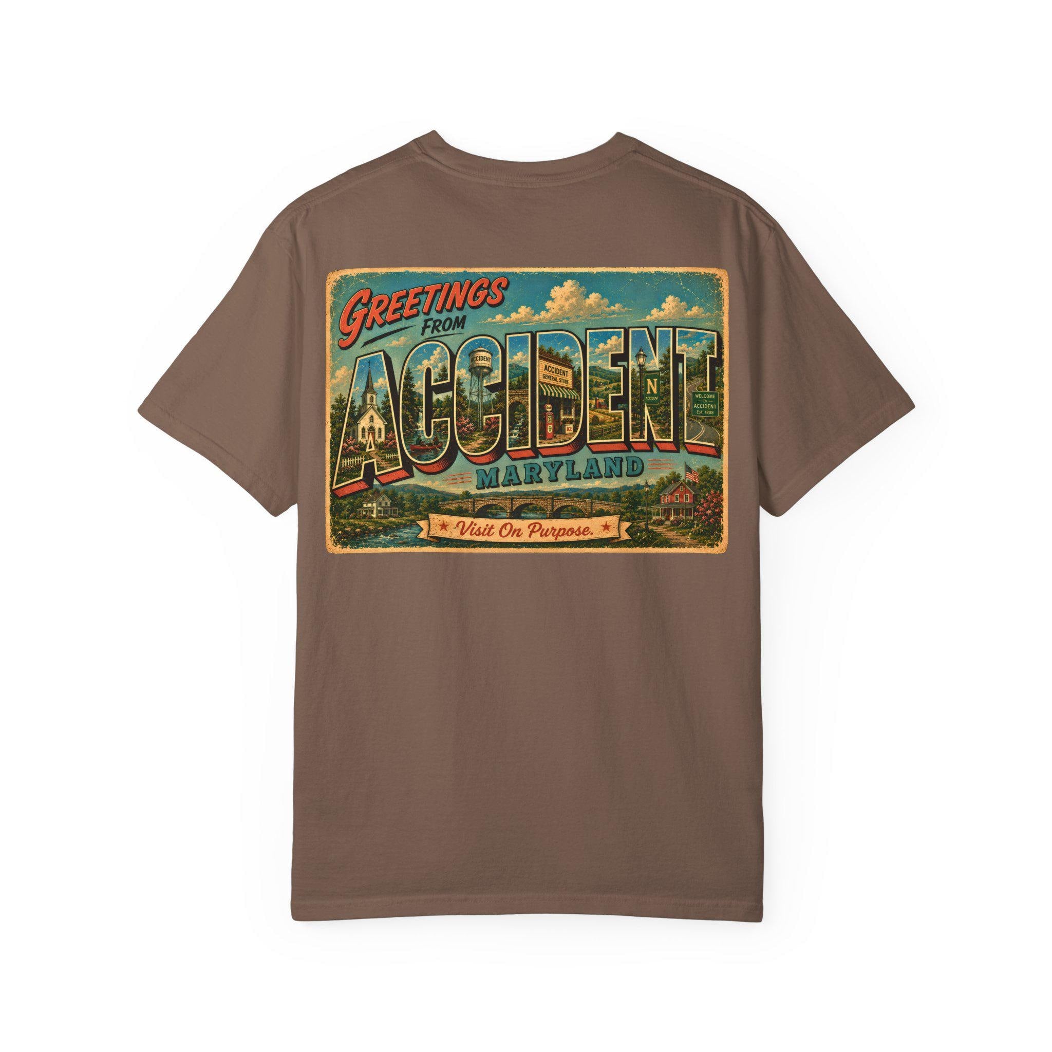 Greetings From Accident Maryland Postcard Graphic Tee, Vintage Small Town Souvenir Shirt