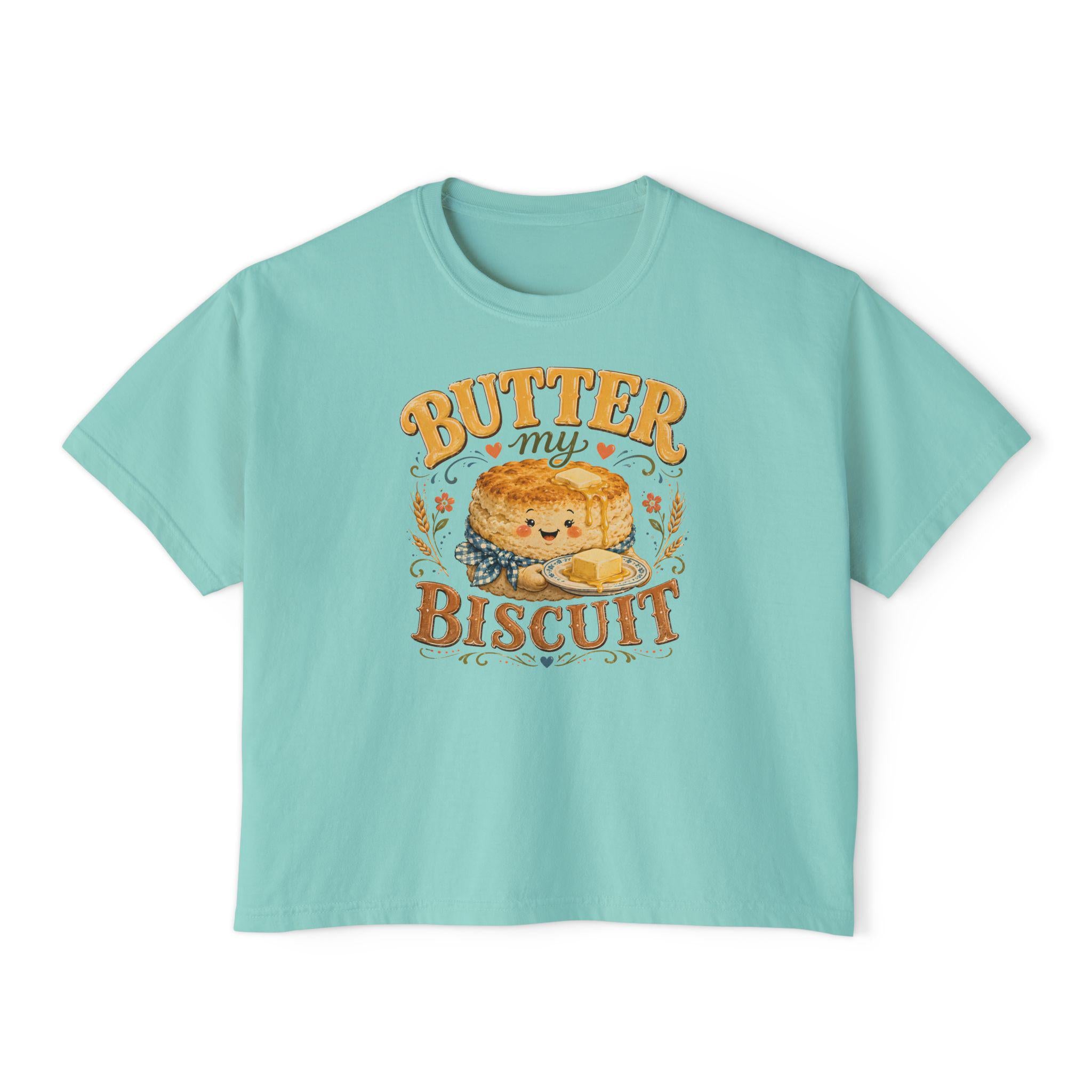 Butter My Biscuit Tee | Retro Smiling Biscuit Character Boxy Top