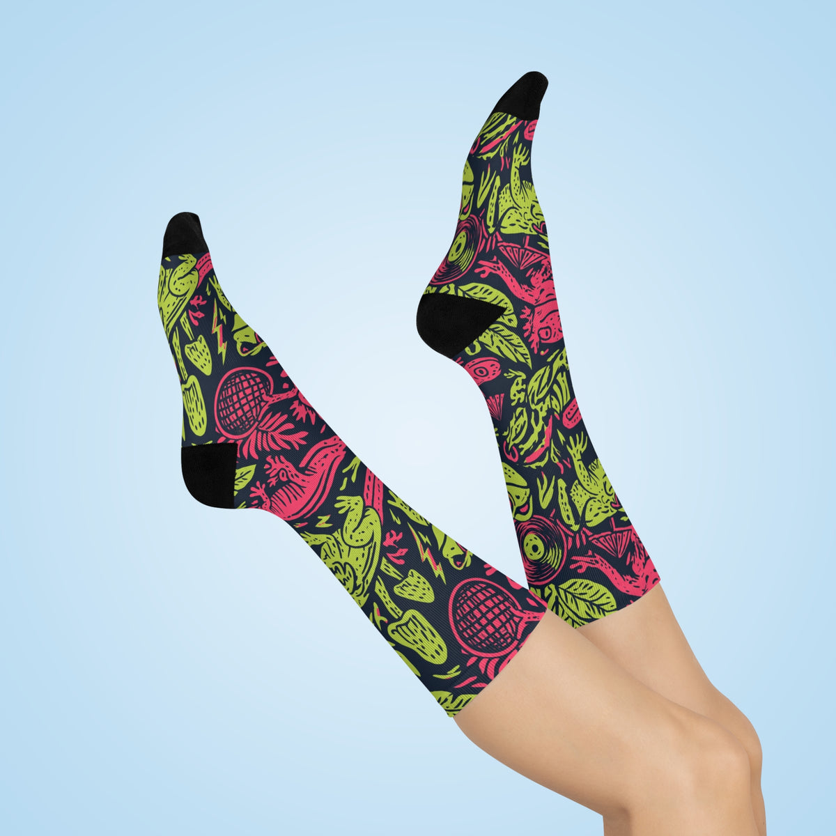 Neon Jungle Frog Crew Socks | Hot Pink Lime Amphibian Print