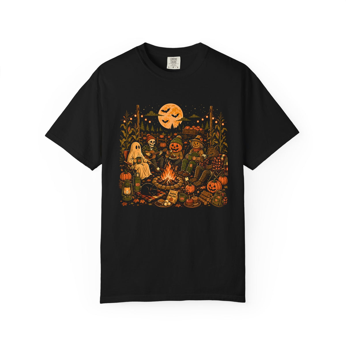 Halloween Campfire Scene T-shirt | Pumpkin, Ghosts, Scarecrow, Jack-O'-Lanterns