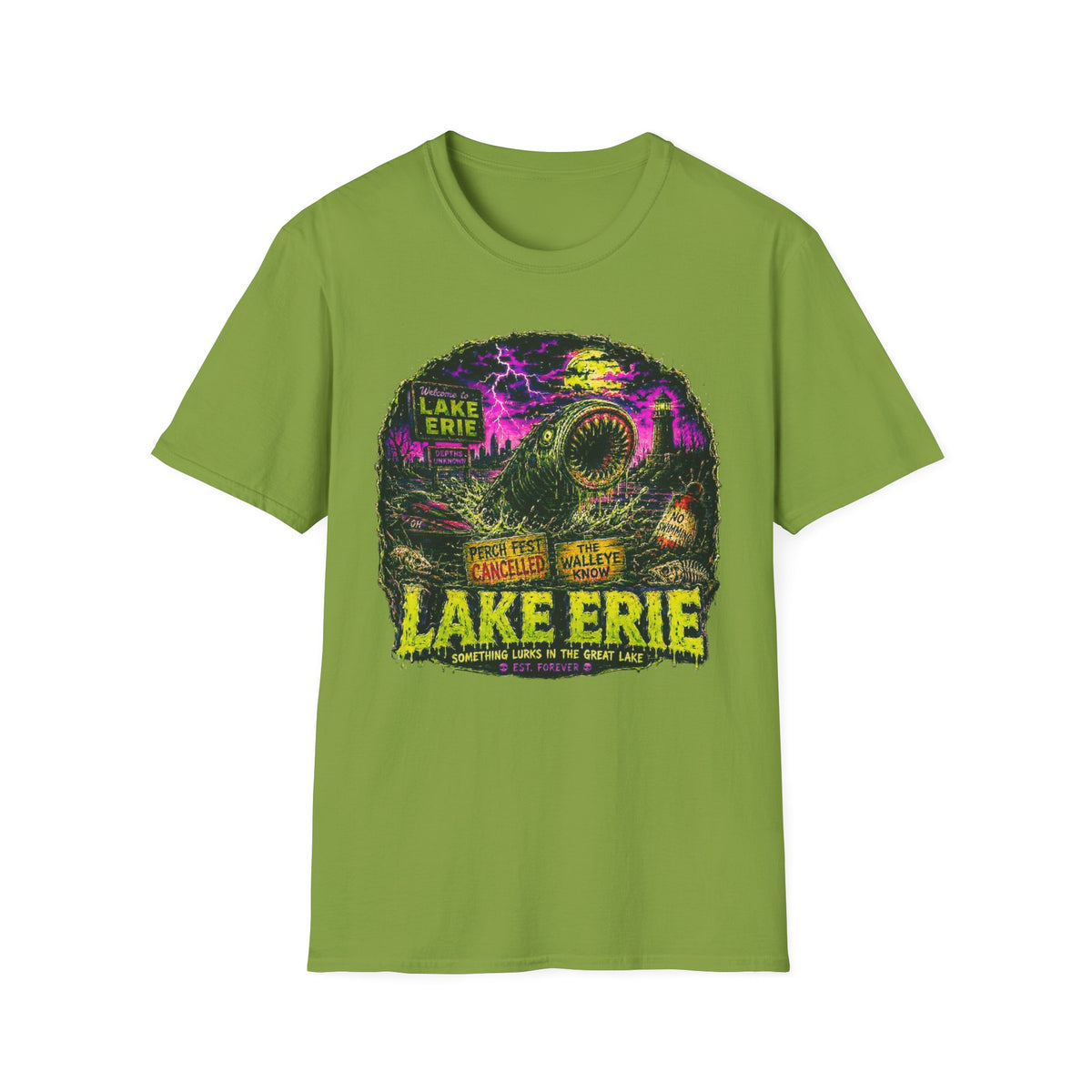 Lake Erie Cryptid Horror Graphic, Midwest Gothic Monster Apparel, Walleye Know Retro Tourism Design, Analog Horror Streetwear
