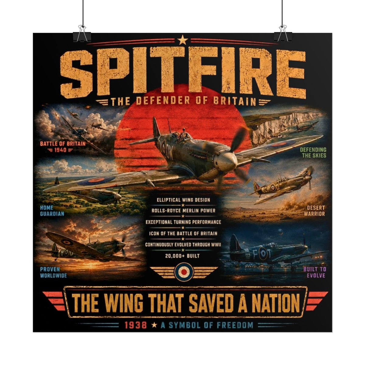 Supermarine Spitfire WWII Aviation Poster, British Fighter Plane Wall Art, Battle of Britain Print, RAF Pilot Gift, Flight Deck Decor
