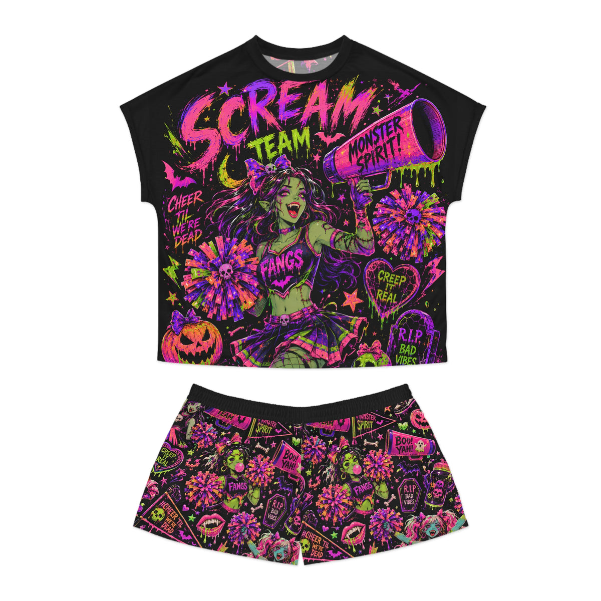 Halloween Cheer Pajama Set | Monster Spirit Oversized Sleep Shirt & Shorts | Spooky Cute Women's PJ Set | Scream Team Loungewear