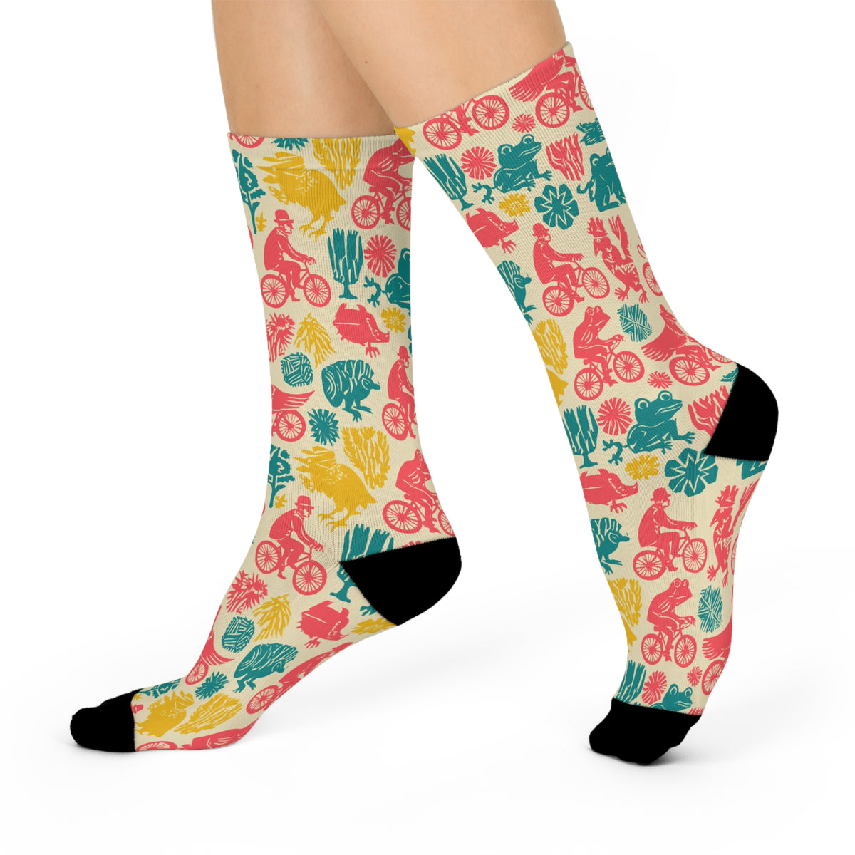 Birds on Bicycles Crew Socks | Retro Roosters & Frogs Print