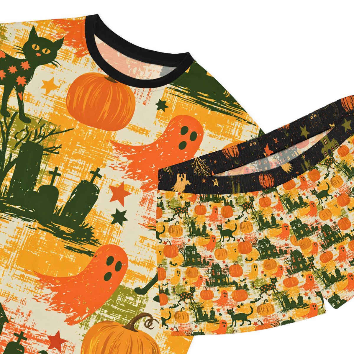 Halloween Pajama Set for Women | Vintage Ghost Pumpkin Cat PJs | Spooky Sleepover Shorts Set | Halloween Slumber Party