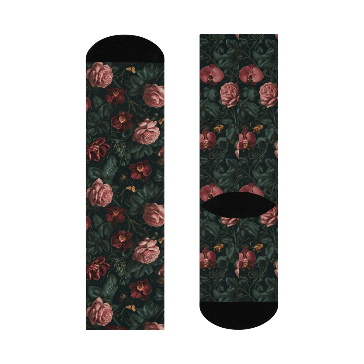 Midnight Rose Crew Socks | Gothic Botanical Moths & Flowers