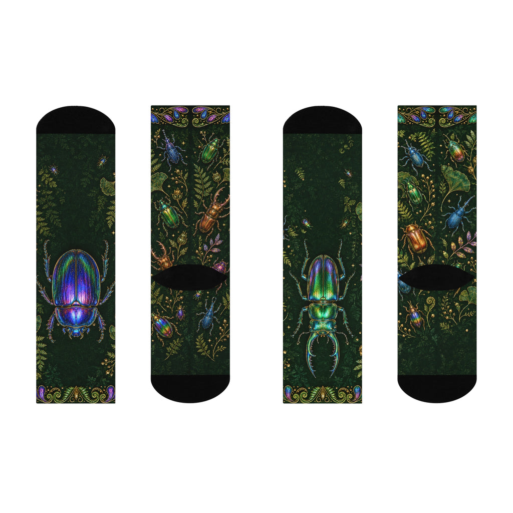 Iridescent Beetles Cushioned Crew Socks | Bug Pattern, Dark Green