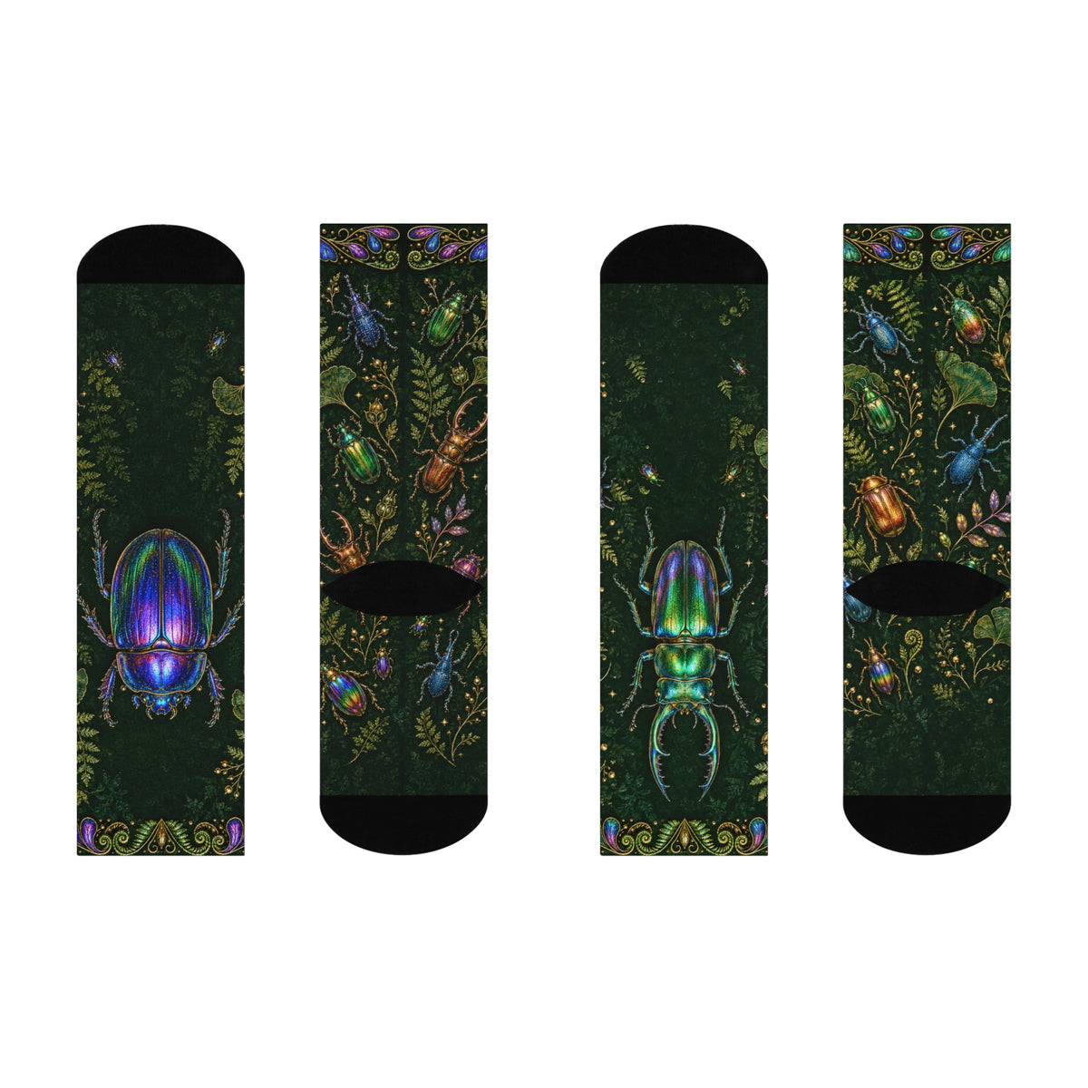 Iridescent Beetles Cushioned Crew Socks | Bug Pattern, Dark Green