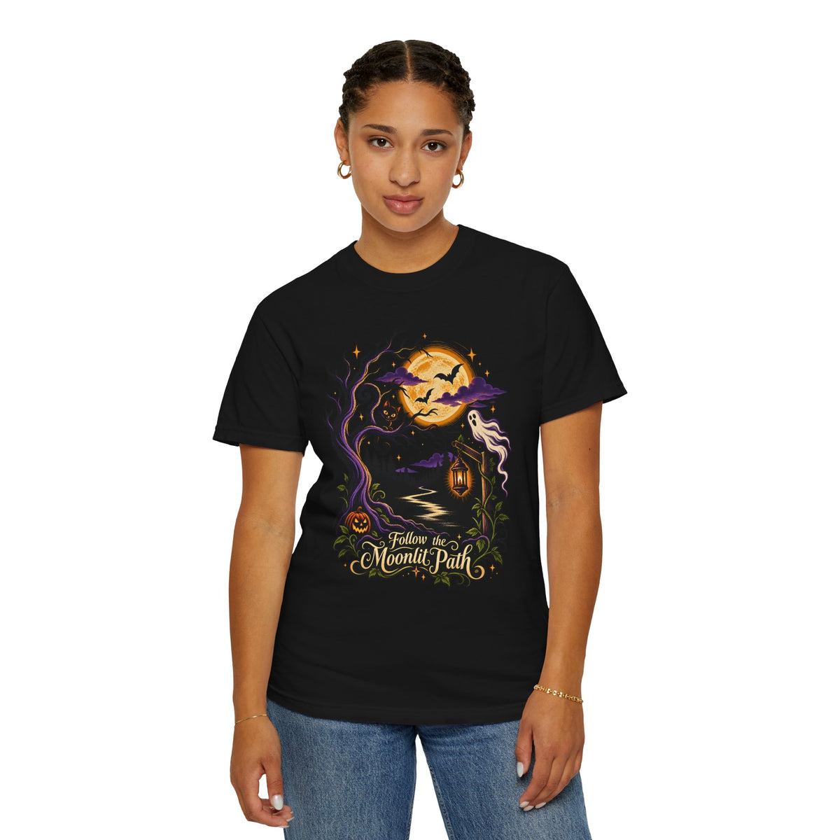 Halloween Shirt, Haunted Trail Tee, Moonlit Path Graphic, Spooky Ghost Black Cat Pumpkin Shirt, Comfort Colors 1717 Fall Tee