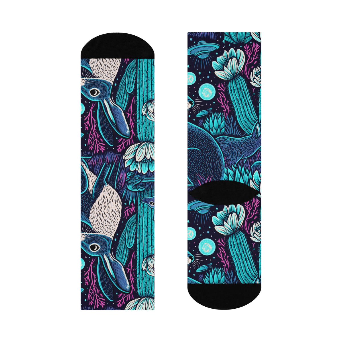 Neon Desert Night Crew Socks | Blue Jackrabbit UFO Cactus