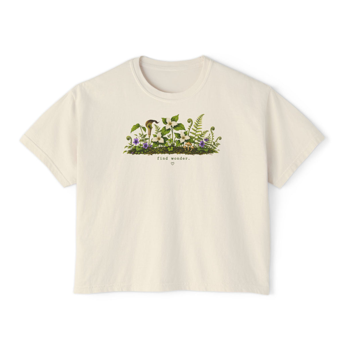 Find Wonder Boxy Tee | Woodland Wildflower Shirt | Cottagecore Mushroom Graphic Tee | Women's Relaxed Cropped Nature Shirt