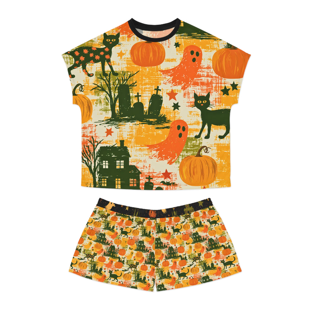 Halloween Pajama Set for Women | Vintage Ghost Pumpkin Cat PJs | Spooky Sleepover Shorts Set | Halloween Slumber Party