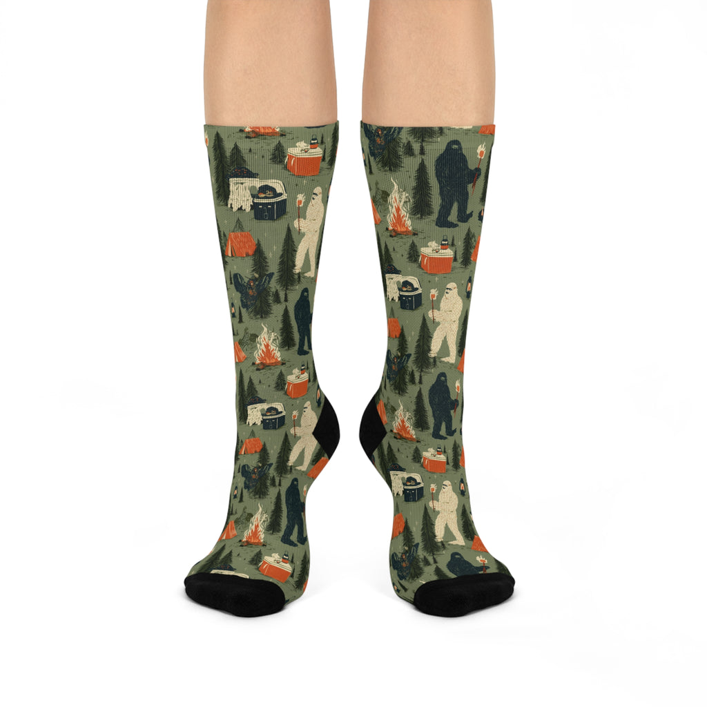Bigfoot Camping Crew Socks | Sasquatch Yeti Marshmallow Print