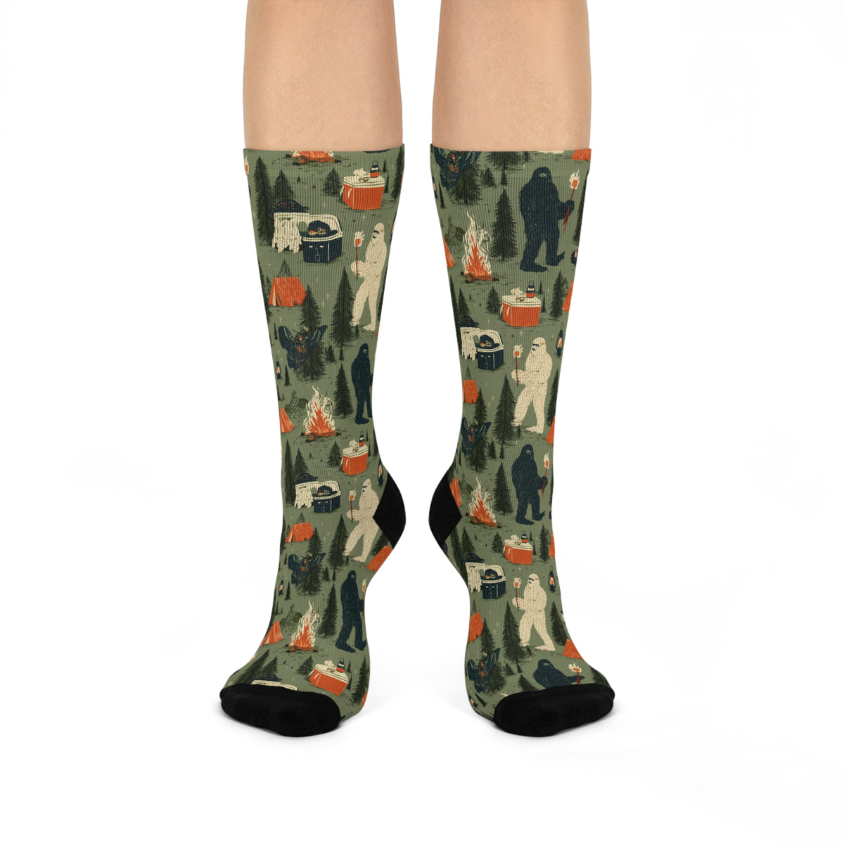 Bigfoot Camping Crew Socks | Sasquatch Yeti Marshmallow Print