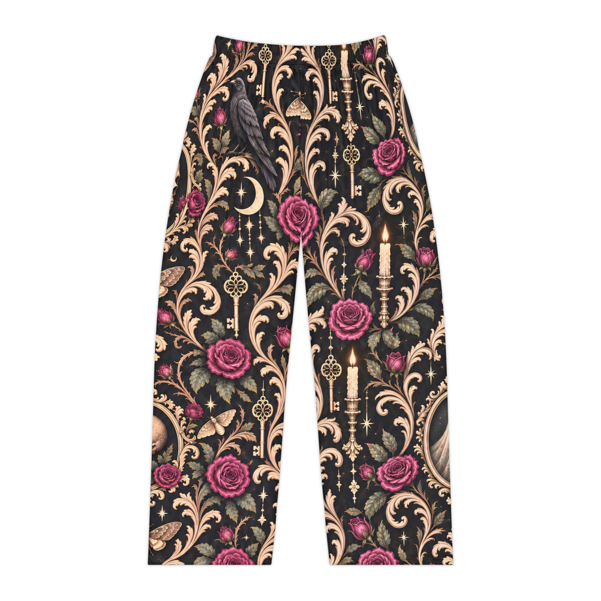 Haunted Damask Pajama Pants, Gothic Halloween Lounge Pants, Ghost Skull Rose Pajamas, Spooky Victorian Sleepwear