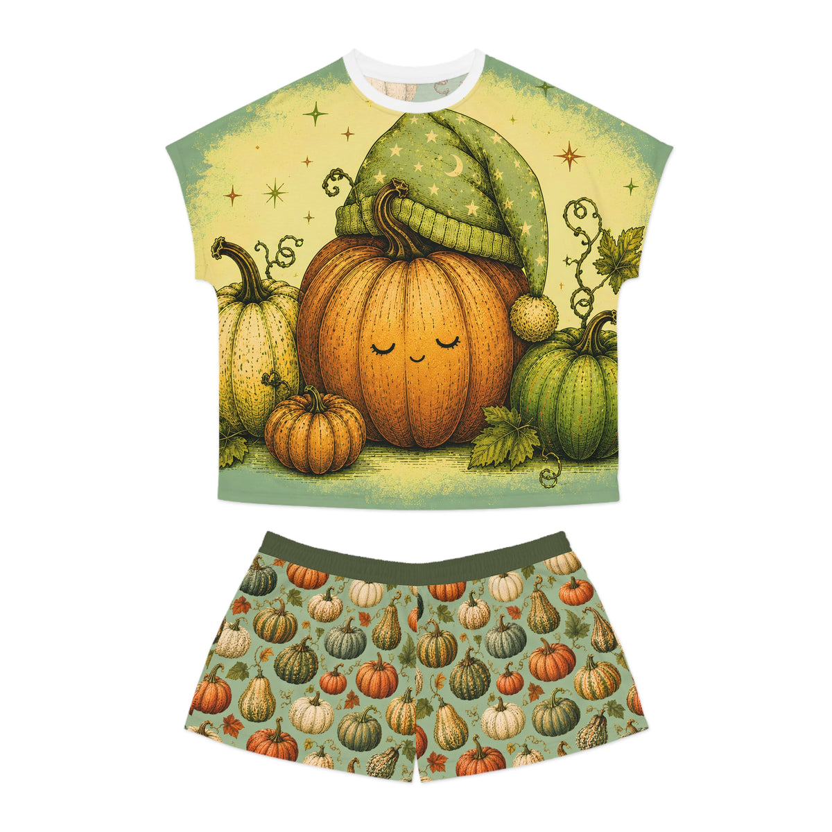 Pumpkin Pajama Set, Women's Fall Pajamas, Cute Autumn Sleepwear, Pumpkin Tee and Shorts, Cozy Halloween PJs
