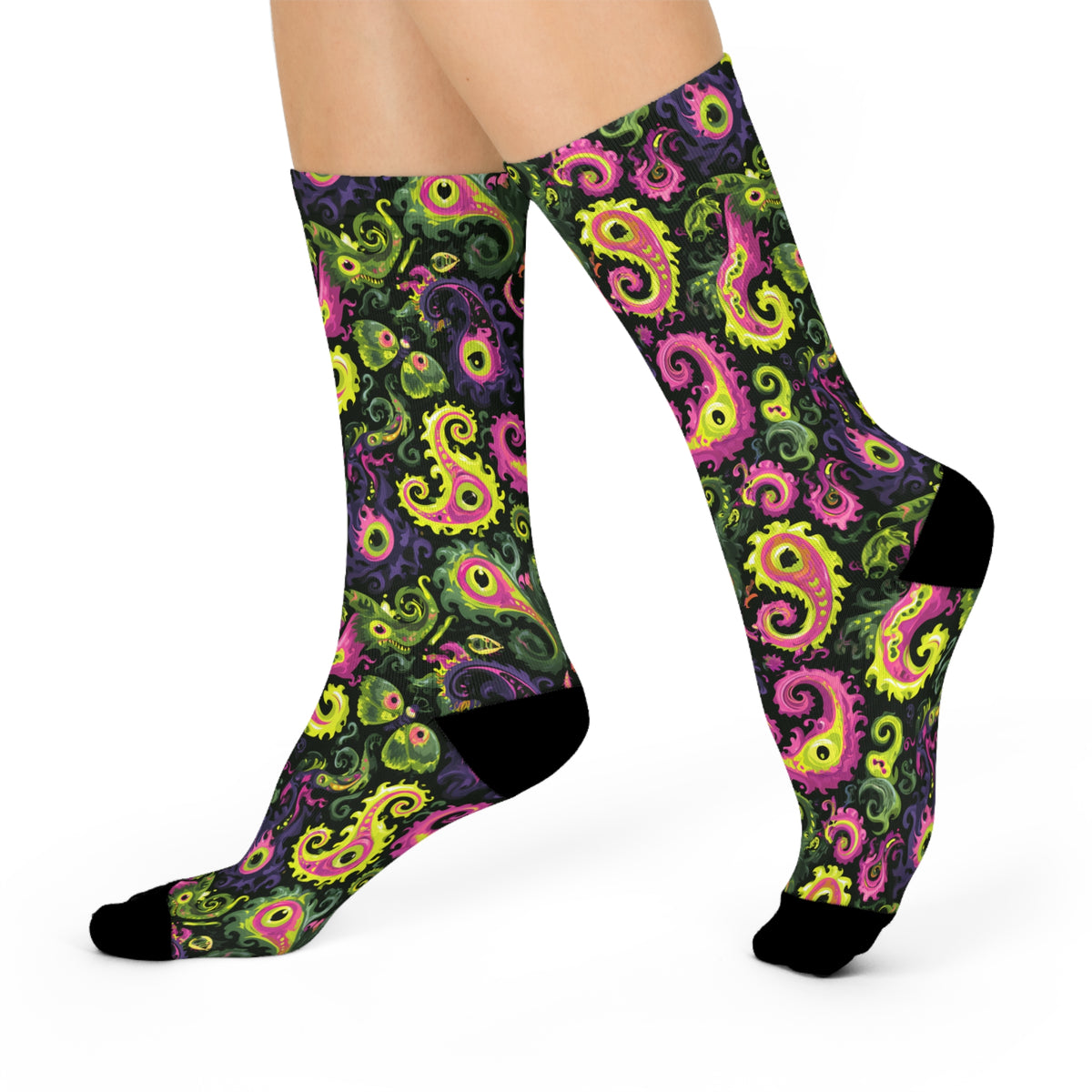 Neon Monster Paisley Crew Socks | Pink Green Psychedelic Eyes