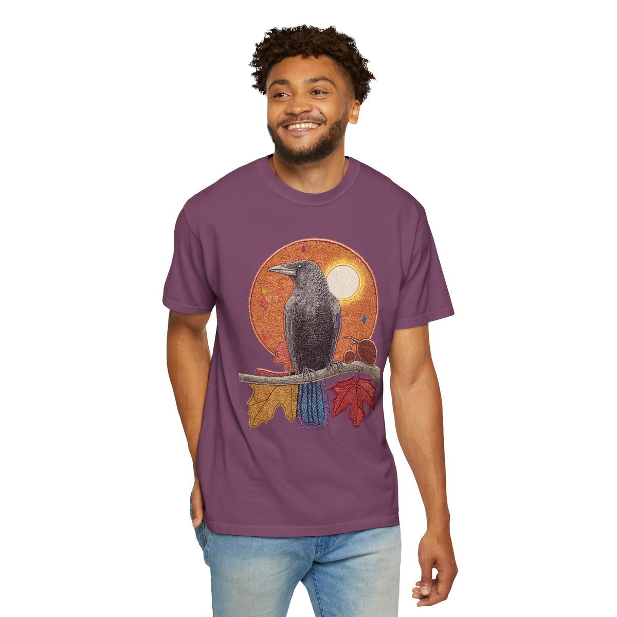 Autumn Crow Illustration T-shirt | Raven, Fall Leaves, Harvest Moon