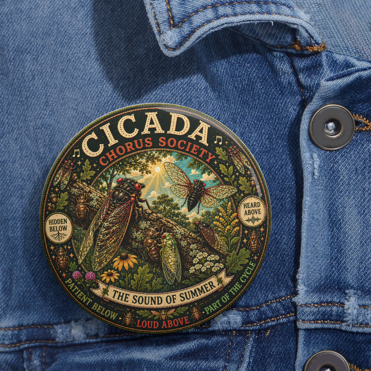 Cicada Chorus Society Pin Button | Vintage Nature Illustrated Badge