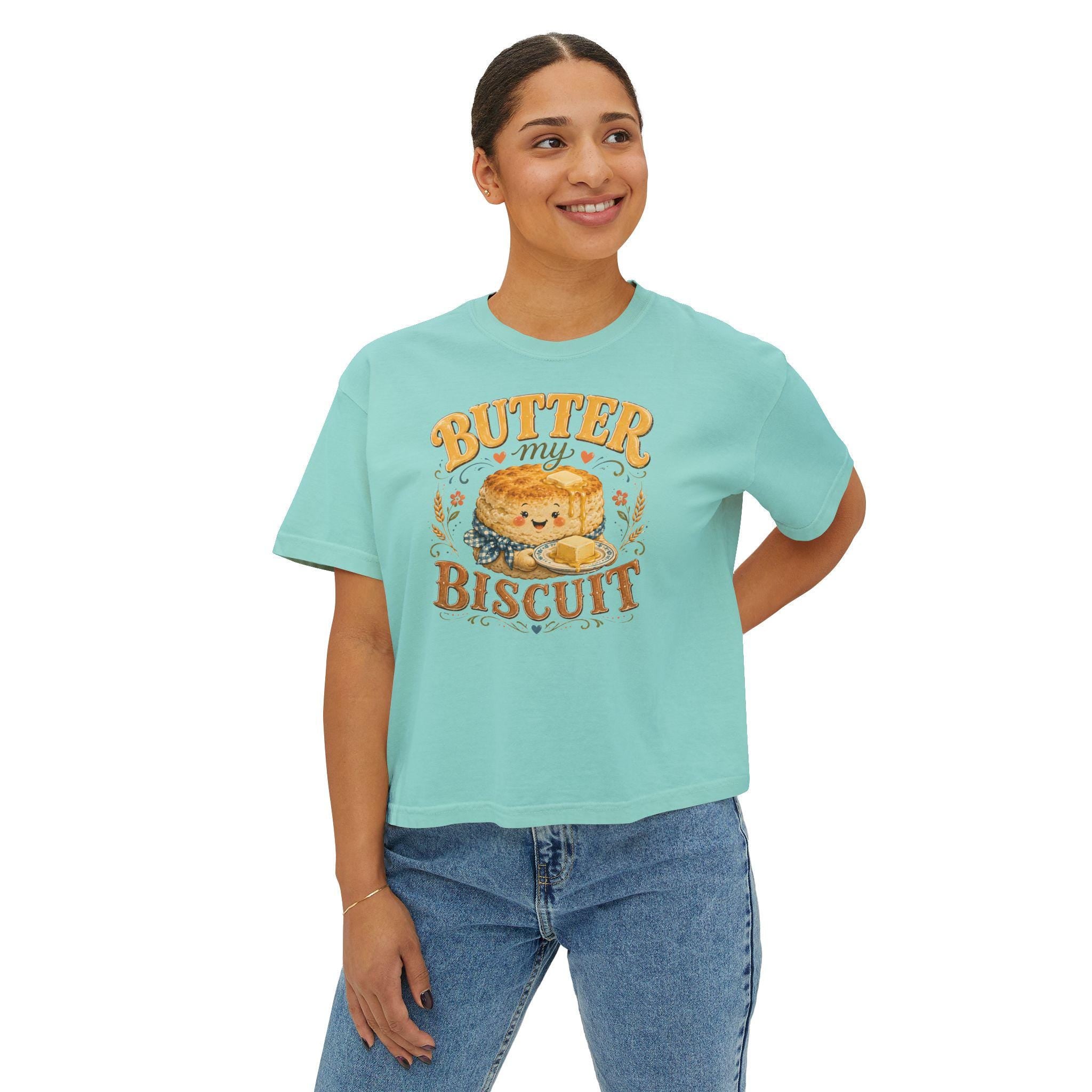 Butter My Biscuit Tee | Retro Smiling Biscuit Character Boxy Top
