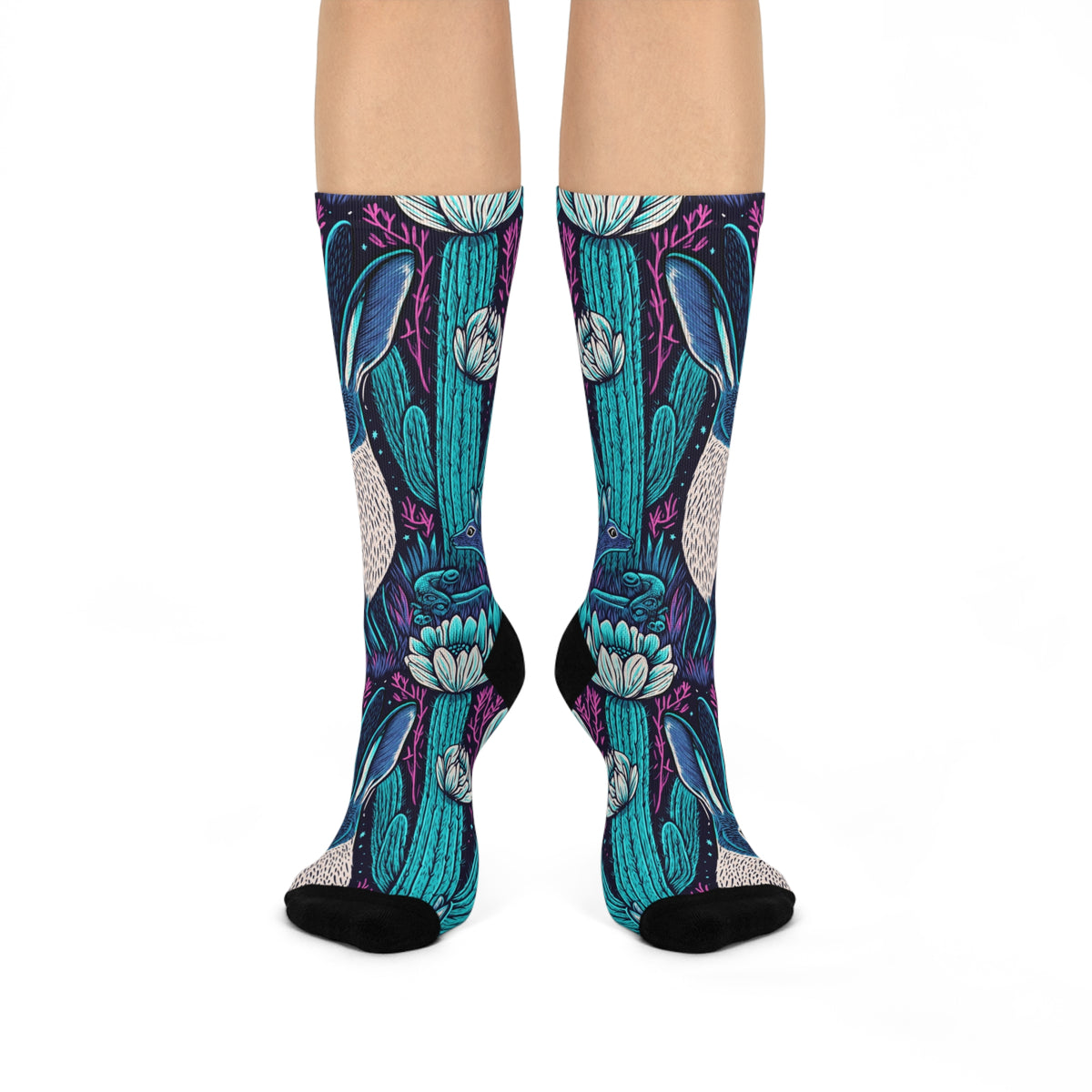 Neon Desert Night Crew Socks | Blue Jackrabbit UFO Cactus