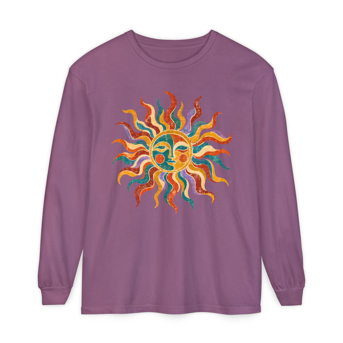 Retro Sun Long Sleeve Shirt, Folk Art Celestial Tee, Vintage Sun Face Shirt, Boho Graphic Long Sleeve