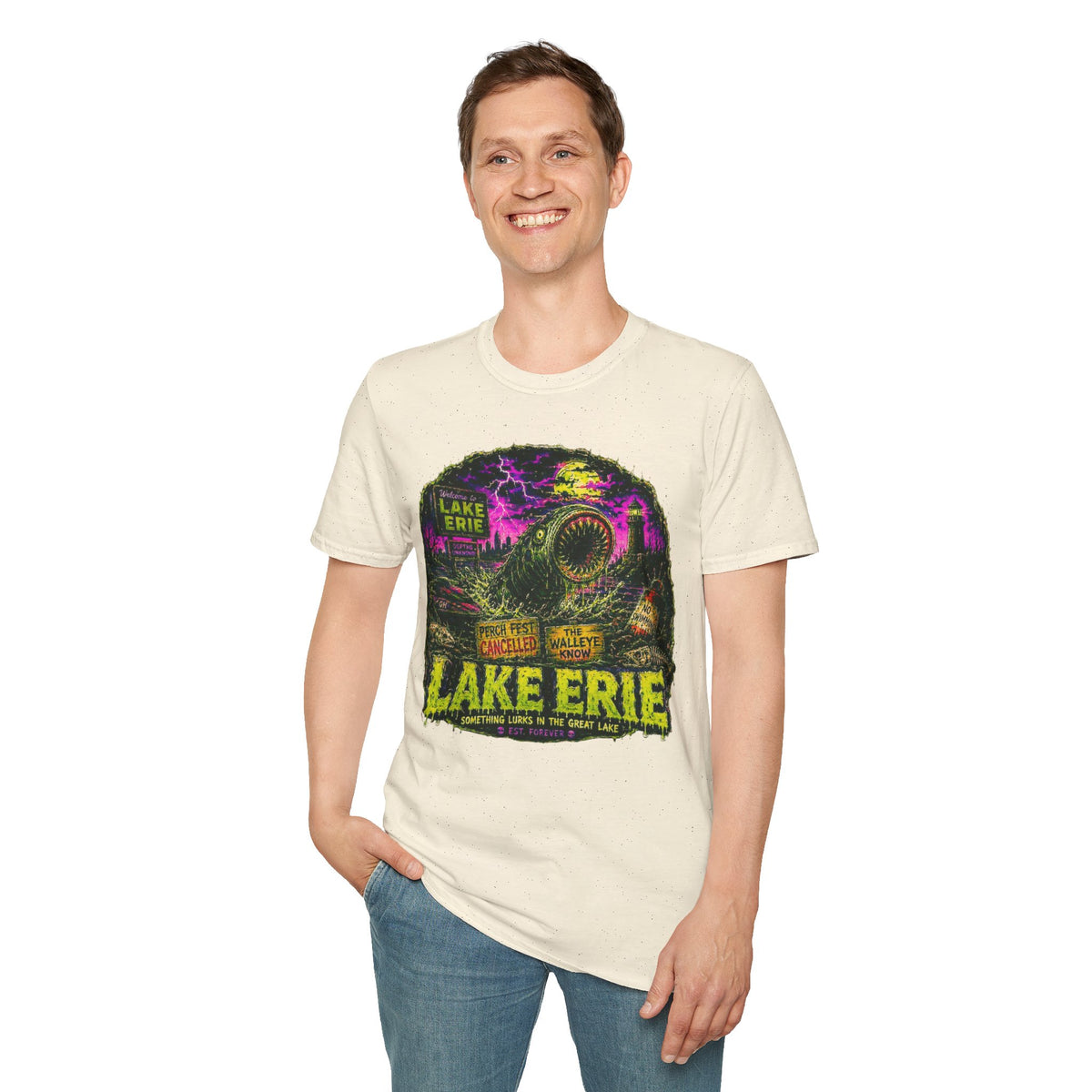 Lake Erie Cryptid Horror Graphic, Midwest Gothic Monster Apparel, Walleye Know Retro Tourism Design, Analog Horror Streetwear