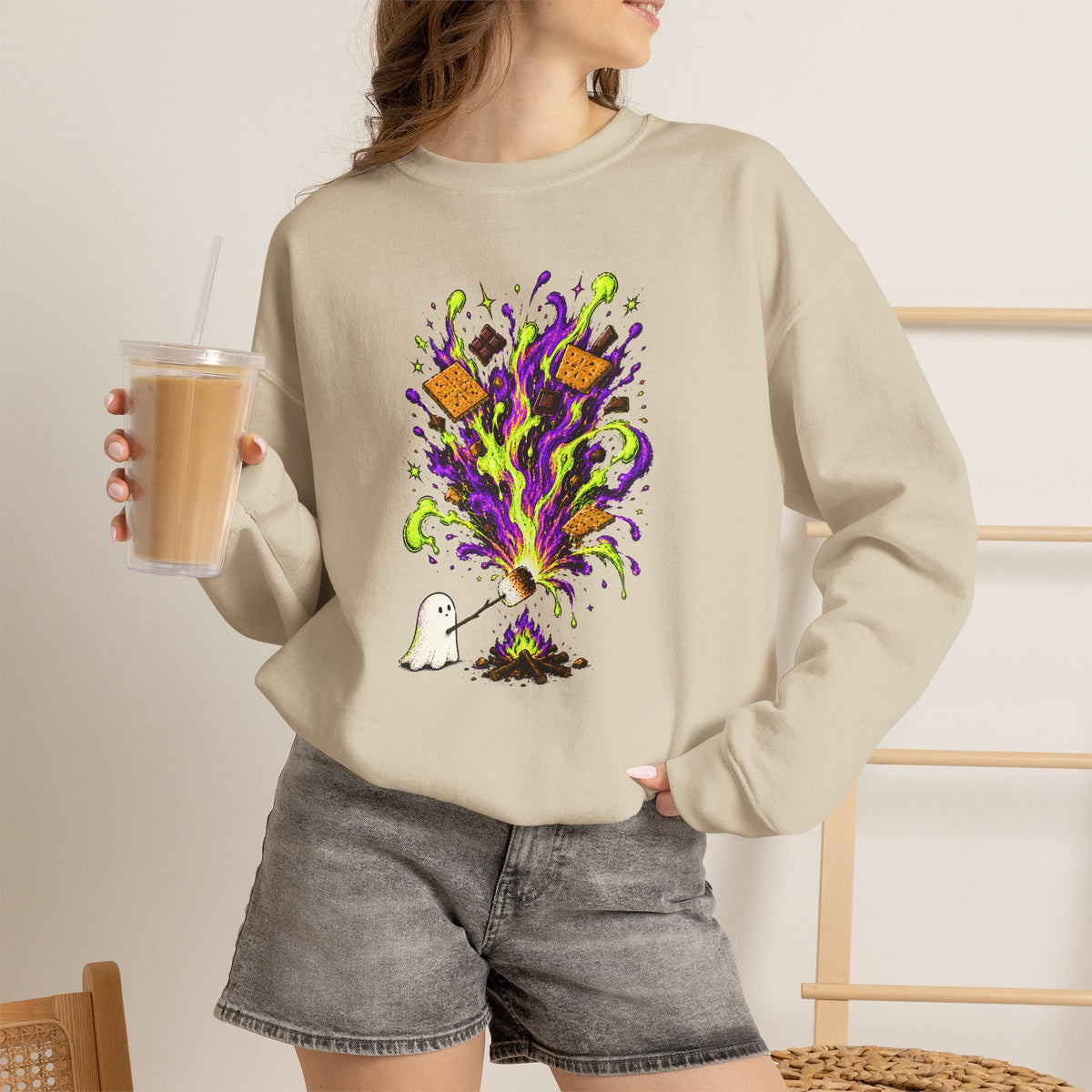 Halloween Ghost Smores Sweatshirt, Neon Spooky Campfire Crewneck, Cute Ghost Marshmallow Shirt, Halloween Camping Sweatshirt