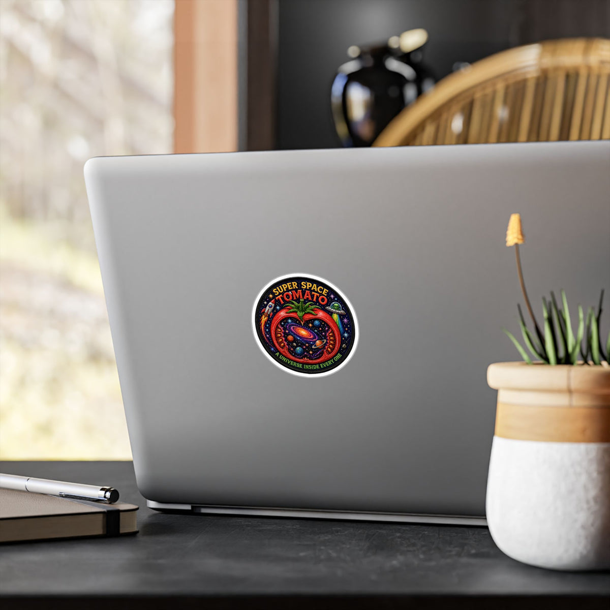 Super Space Tomato Sticker, Cosmic Patch Decal, Retro Galaxy Vinyl, Funny Space Food Art, Psychedelic Sci Fi