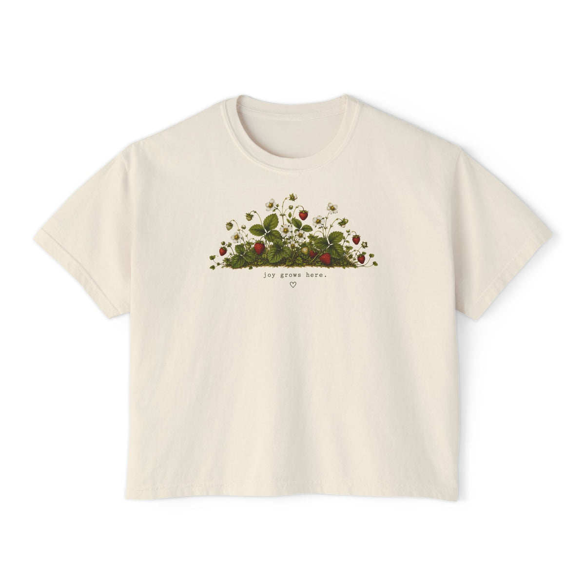 Joy Grows Here Boxy Tee | Strawberry Blossom Cottagecore Shirt | Cute Women's Cropped Relaxed Graphic Tee