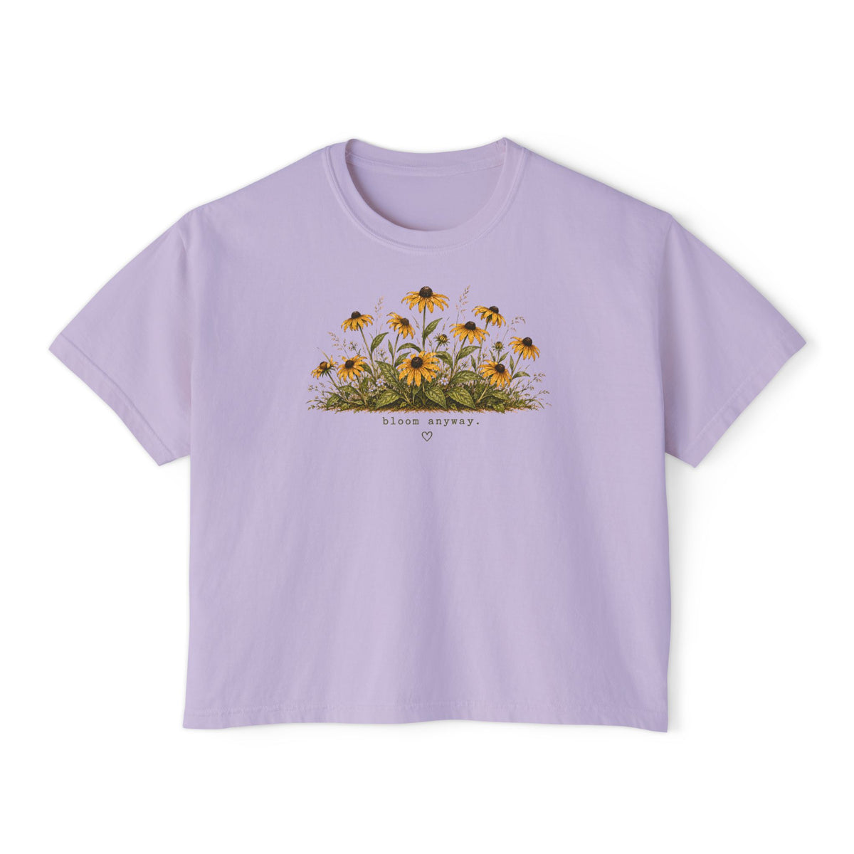 Bloom Anyway Boxy Tee | Black-Eyed Susan Wildflower Shirt | Cottagecore Floral Graphic Tee | Women's Relaxed Cropped Nature Shirt