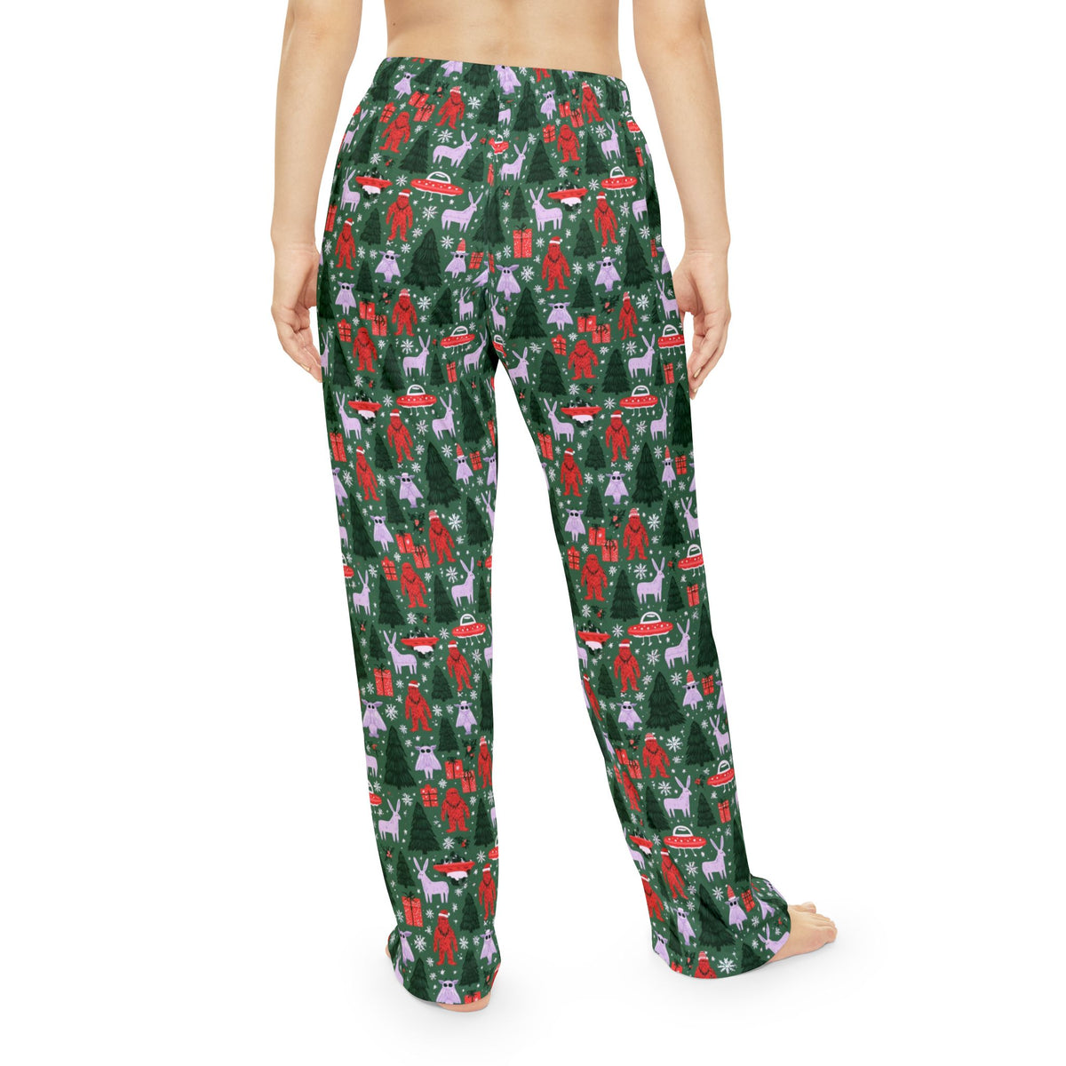 Whimsical Cryptid Christmas Pajama Pants | Bigfoot UFO Print