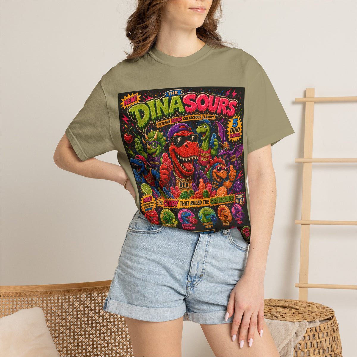The Dinasours Retro Candy Shirt | Vintage 80s Cartoon Candy Tee | Funny Dinosaur Graphic Tee | Nostalgic Saturday Morning Candy Box Shirt