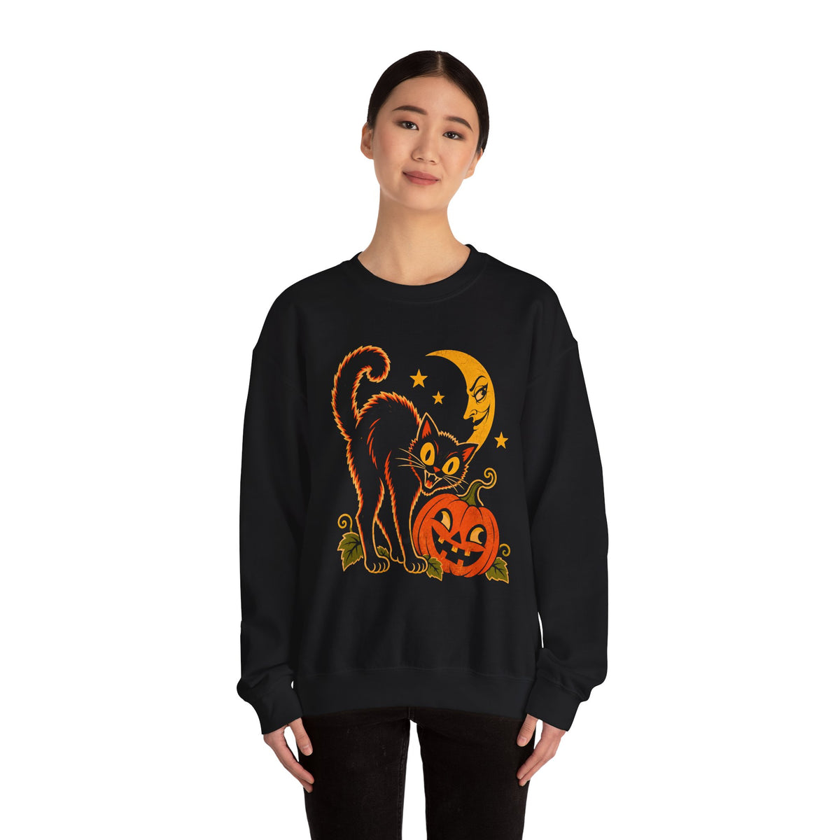 Vintage Halloween Black Cat Sweatshirt, Retro Pumpkin Moon Crewneck, Weird Spooky Cat Gildan 18000 Halloween Sweater