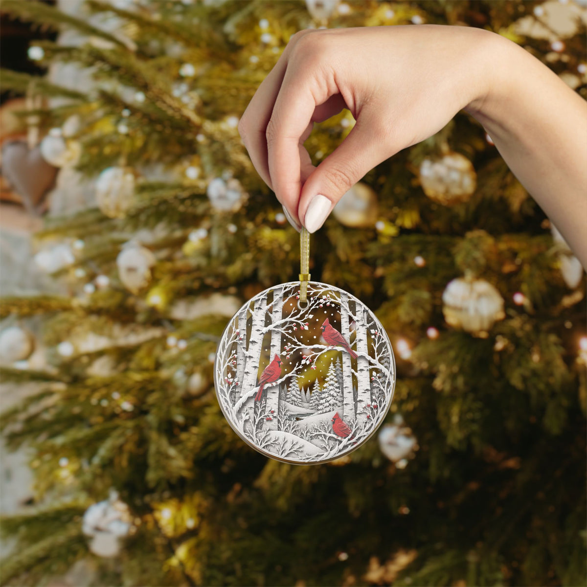 Winter Cardinals Ornament | Layered Birch Forest Christmas Tree Decoration | Nature Lover Holiday Gift