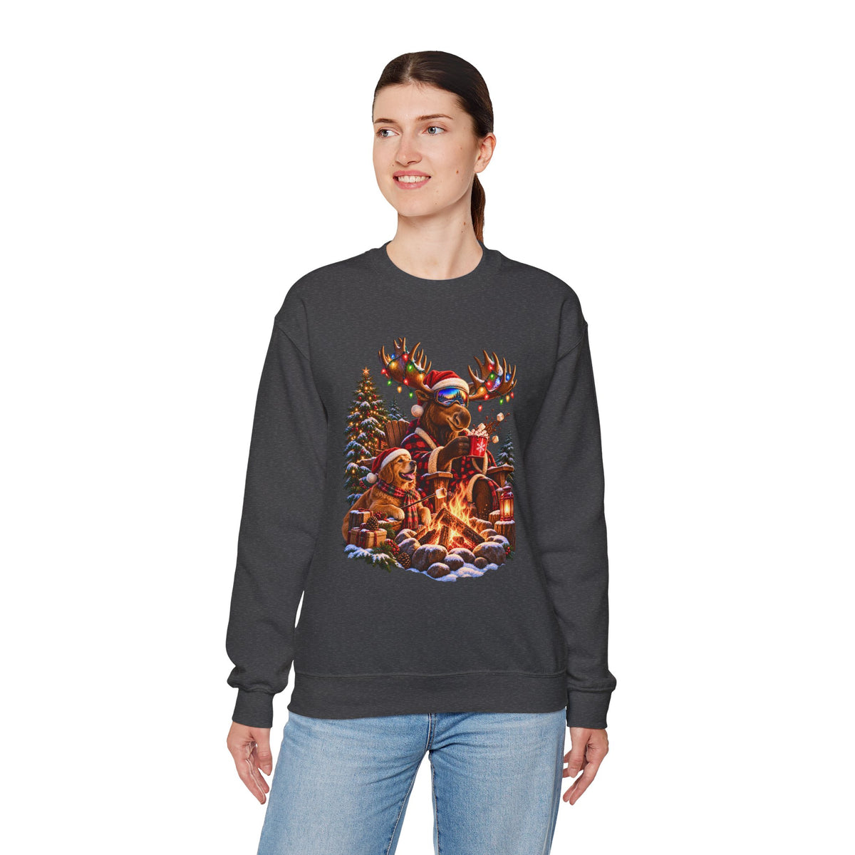 Christmas Moose Sweatshirt, Golden Retriever Christmas Crewneck, Cozy Holiday Campfire, Funny Winter Animal Gift
