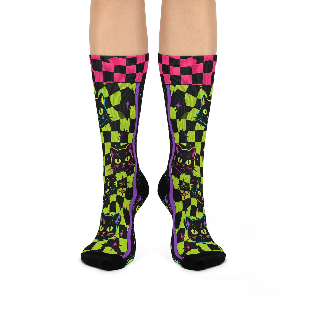 Neon Checkerboard Black Cat Crew Socks | Colorful Cat Pattern