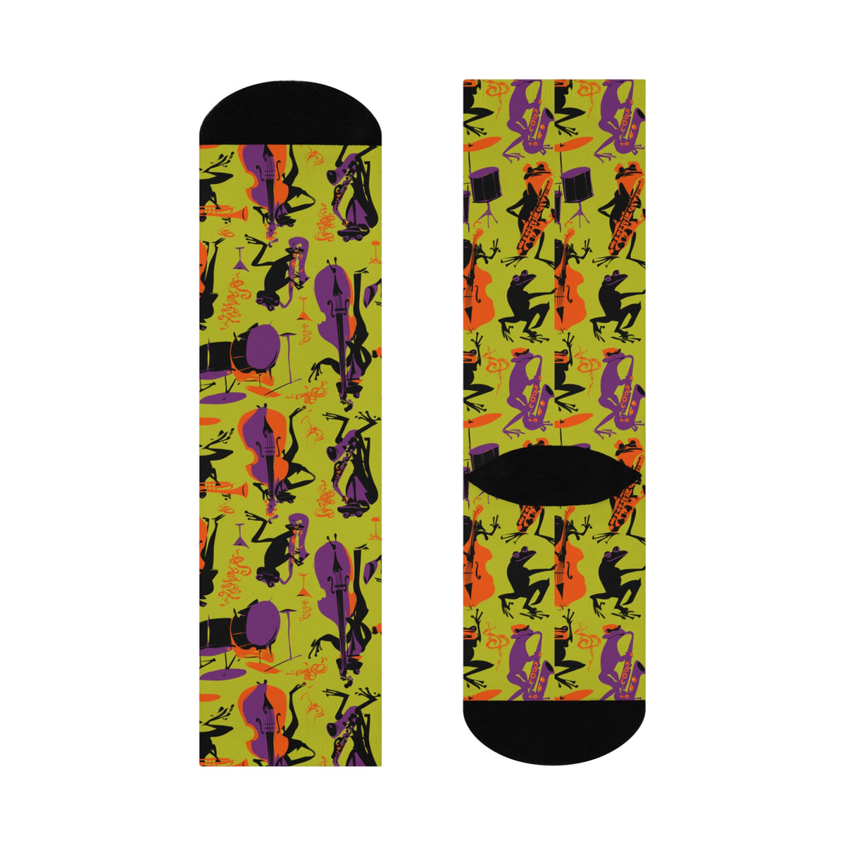 Jazz Frog Crew Socks | Purple Saxophone Band Retro Print