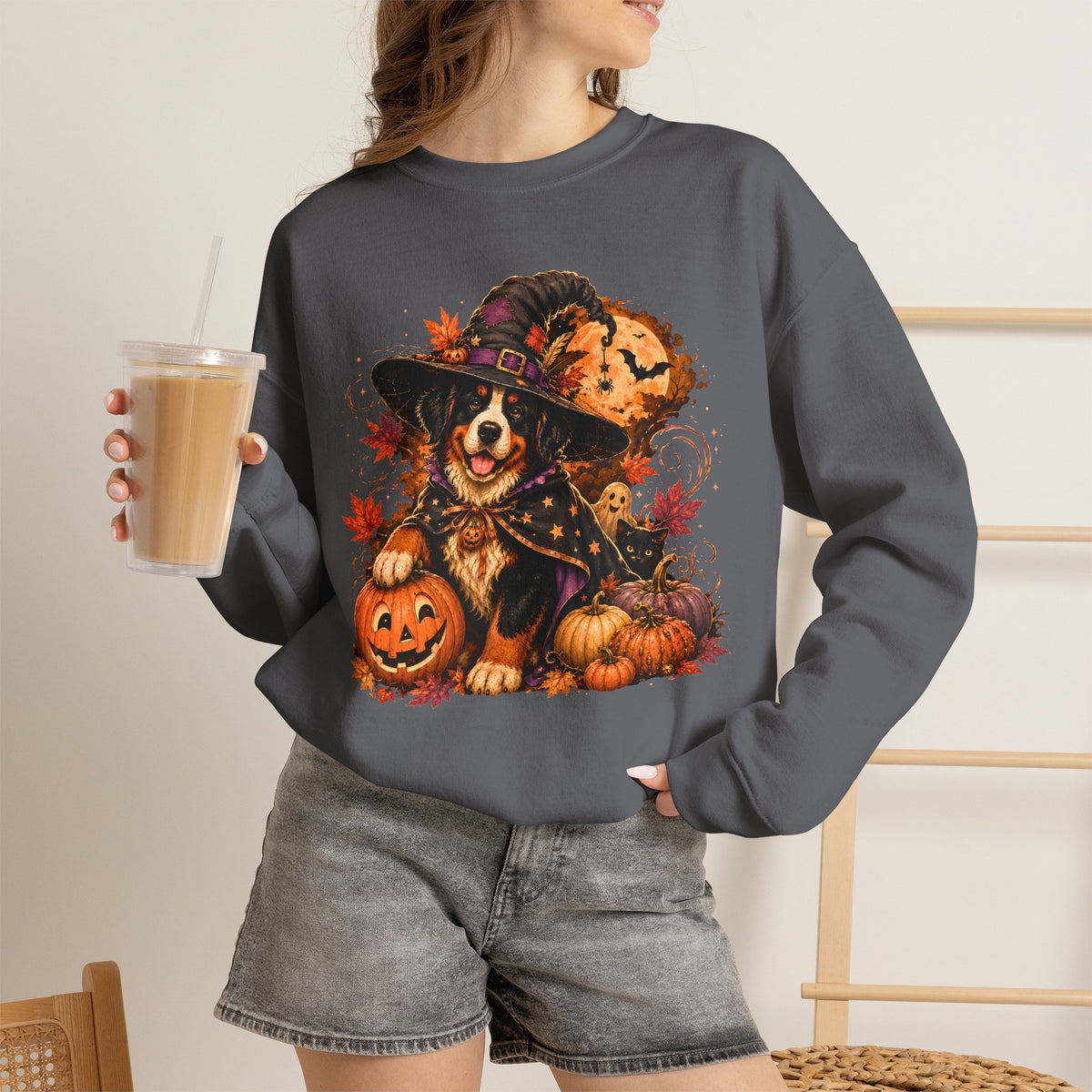 Halloween Witch Dog Sweatshirt | Pumpkin, Jack-o'-Lanterns, Autumn Leaves