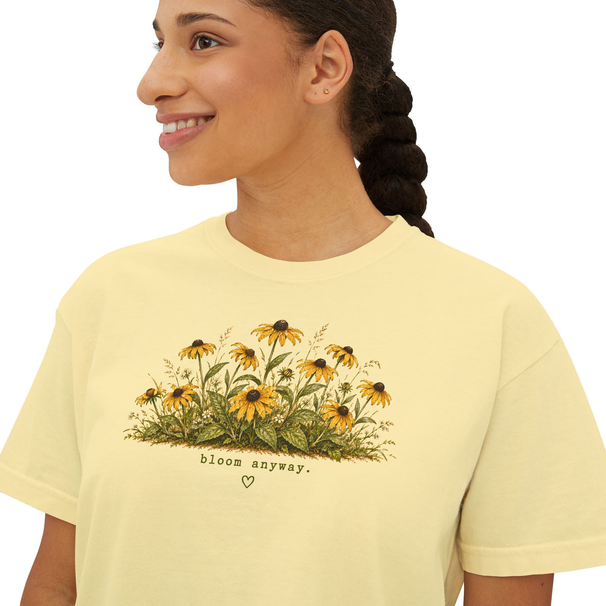Bloom Anyway Boxy Tee | Black-Eyed Susan Wildflower Shirt | Cottagecore Floral Graphic Tee | Women's Relaxed Cropped Nature Shirt