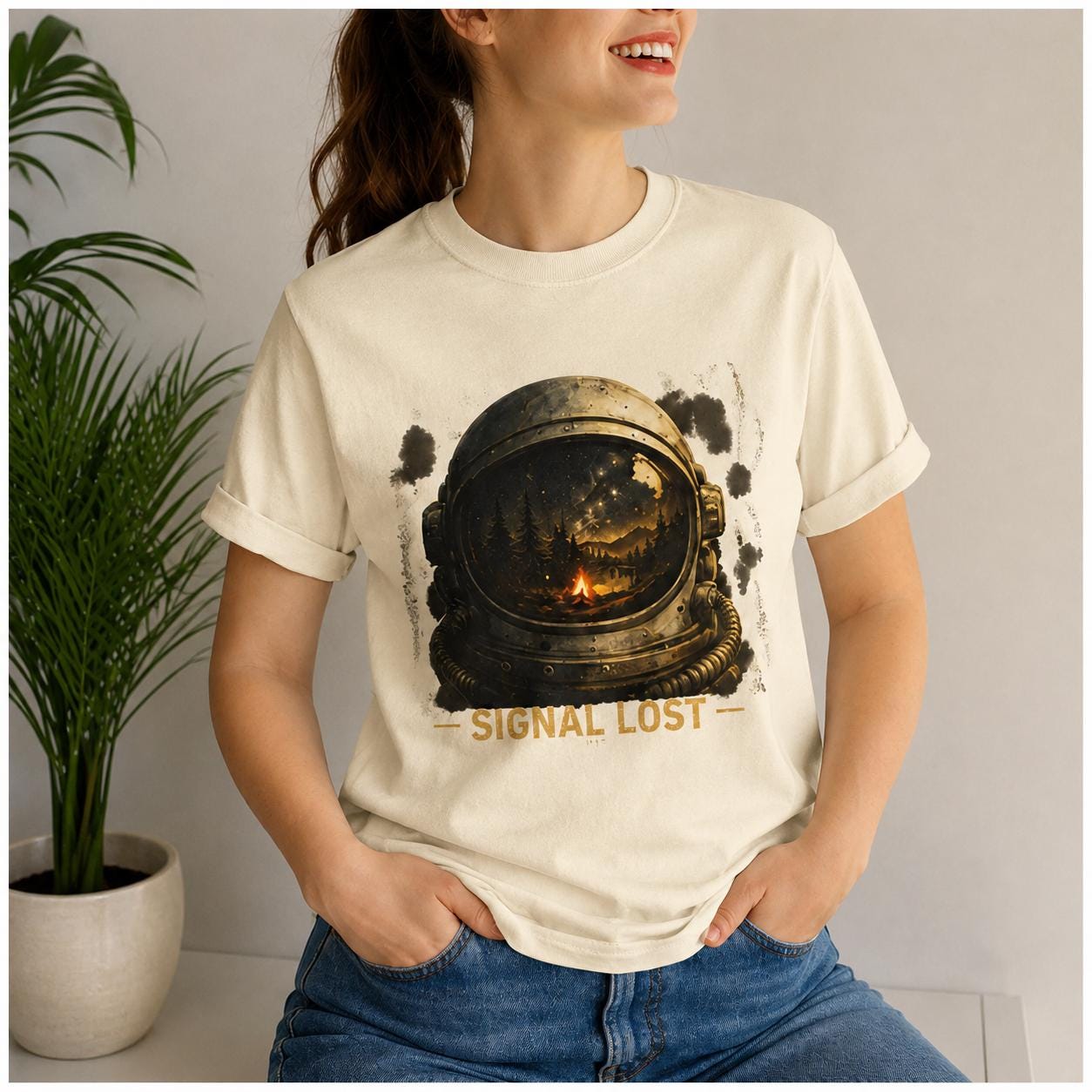 Signal Lost Astronaut Shirt, Cosmic Wilderness Campfire Graphic Tee