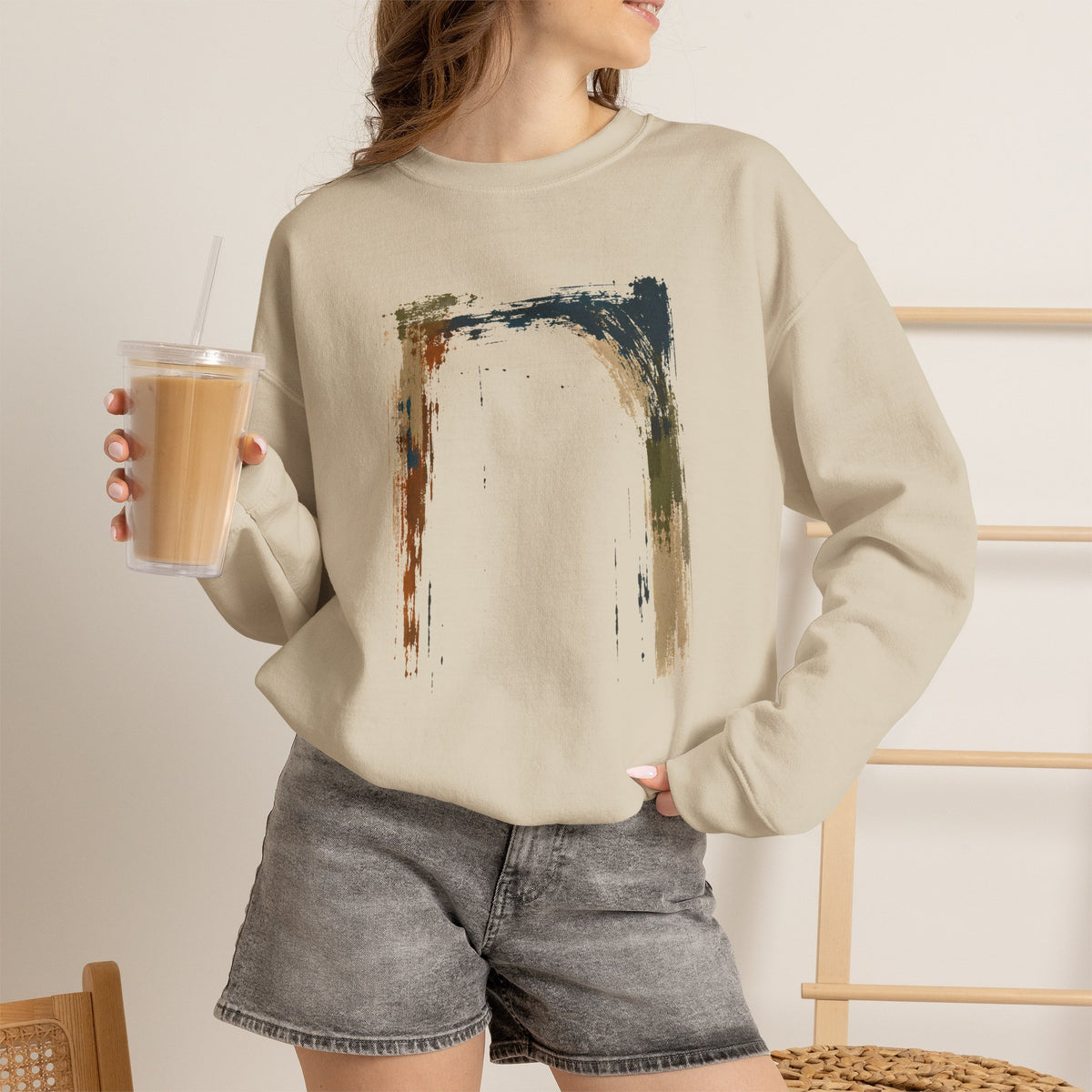 Abstract Grunge Square Sweatshirt | Minimal Distressed Art, Neutral Tones