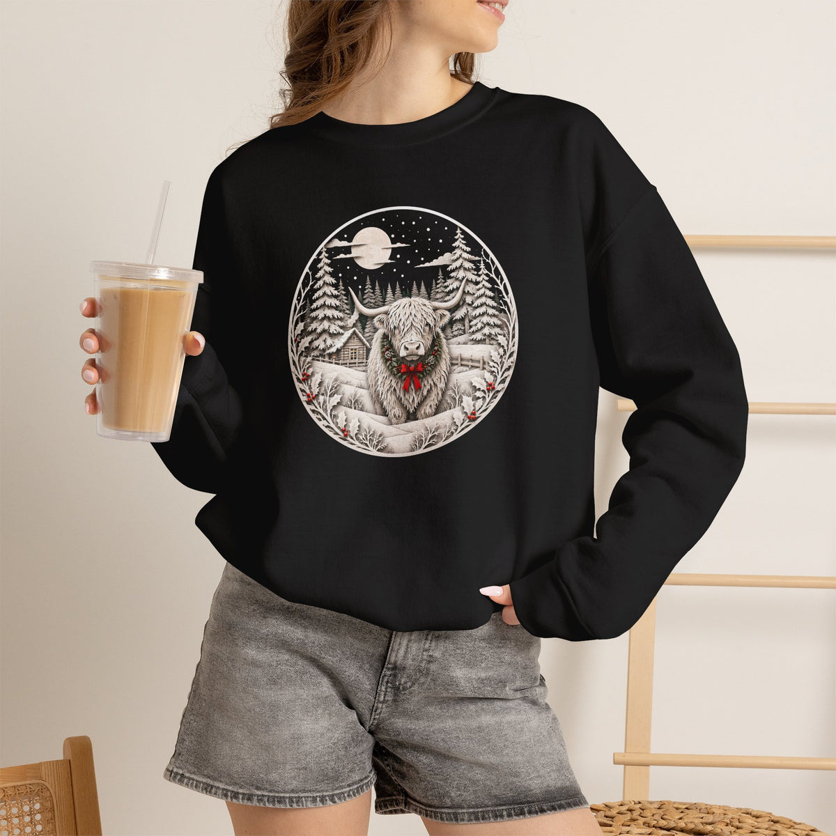 Christmas Highland Cow Sweatshirt, Winter Highland Cow Crewneck, Cozy Christmas Cow Sweatshirt, Rustic Holiday Sweatshirt